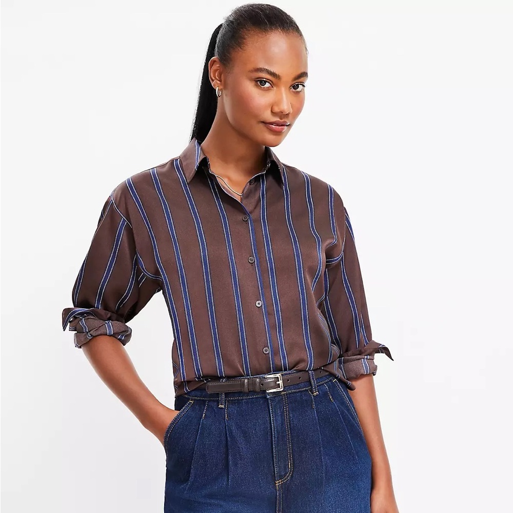 LOFT Brown & Blue Striped Everyday Button Down Shirt‎ Career Office Minimalist